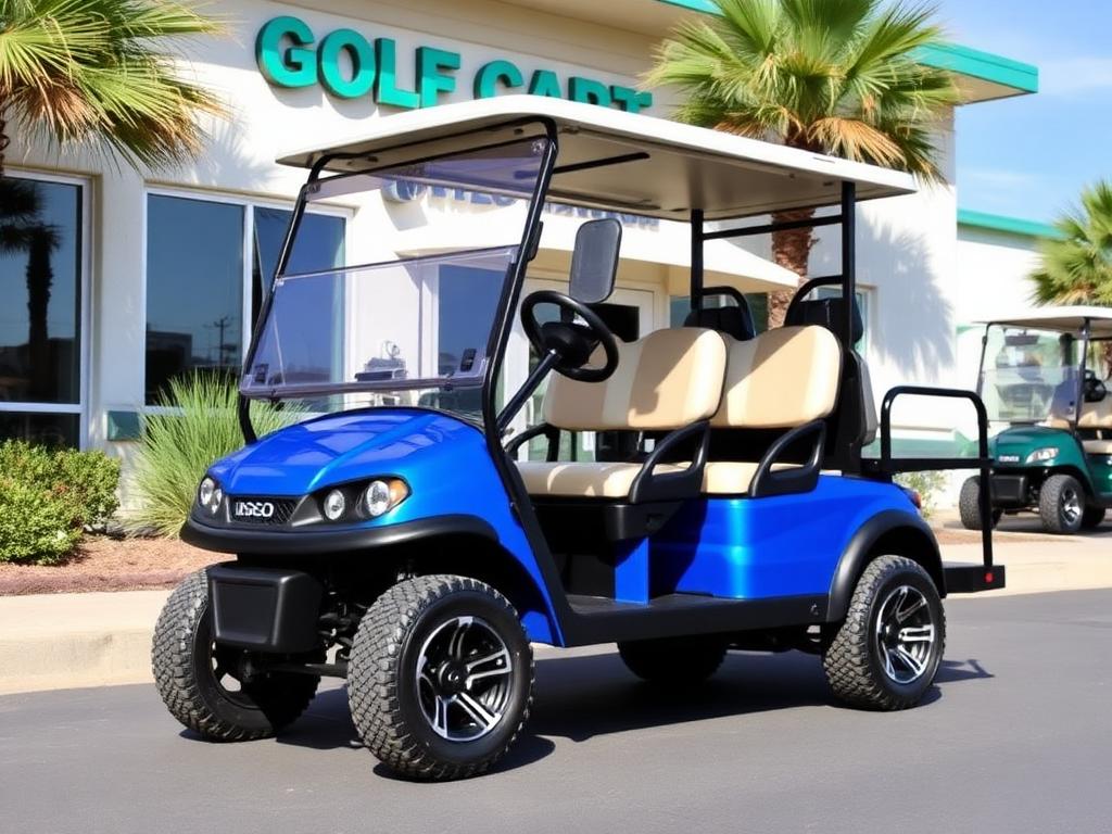 Blue street legal golf cart at the dealership